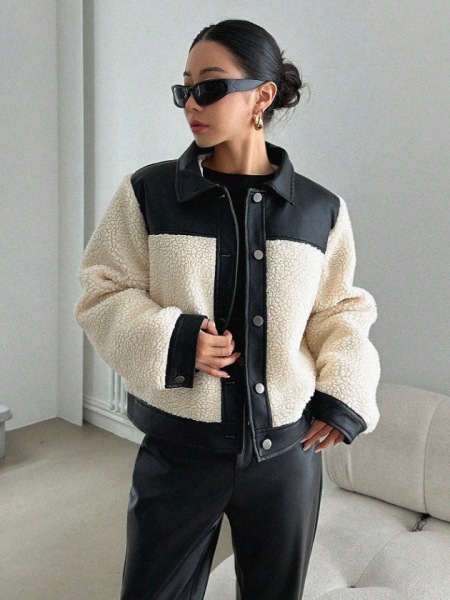 معطف نسائي كاجوال أحادي الصدر مصنوع من قماش الشيربا بتصميم رقعي